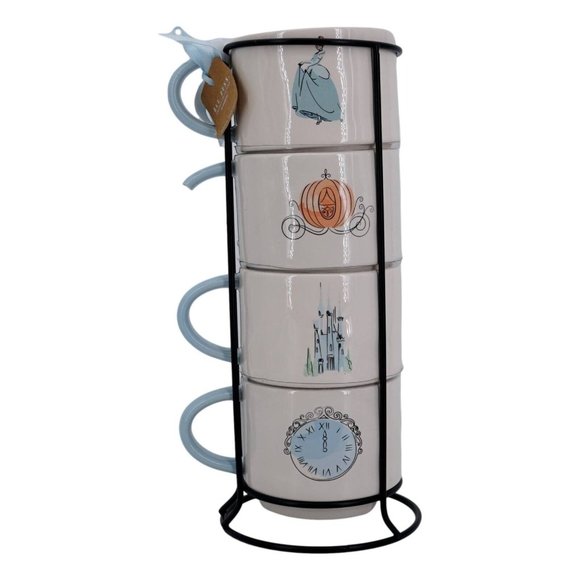 Rae Dunn Set of Four Stacking Coffee Mugs with Metal Rack (1 Broken Handle) - En - Picture 3 of 6